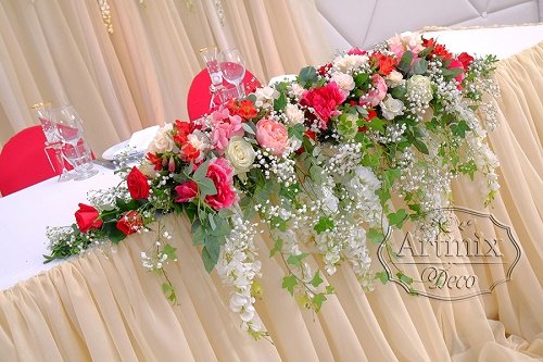 Классическая цветочная композиция на столе жениха и невесты