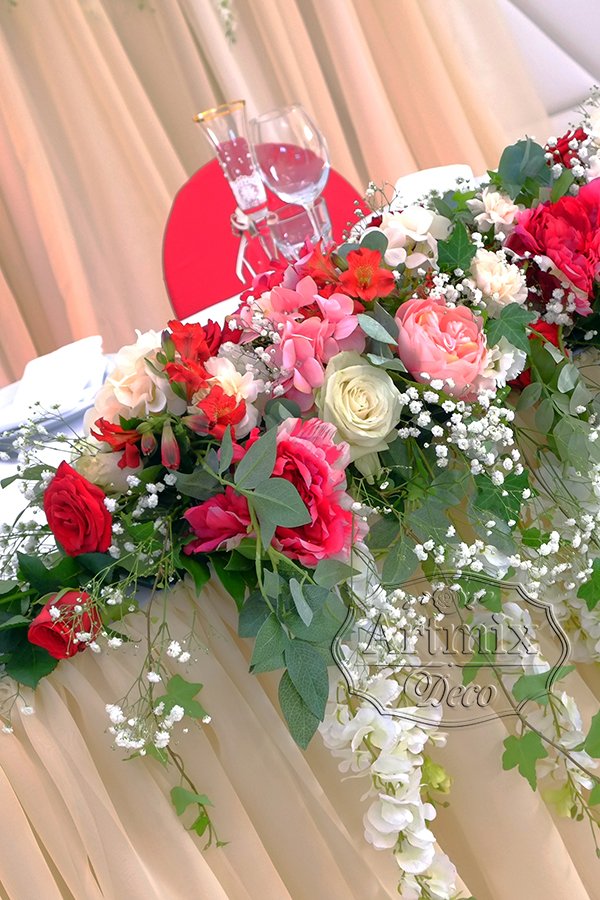 Цветочная композиция для украшения стола в красном цвете