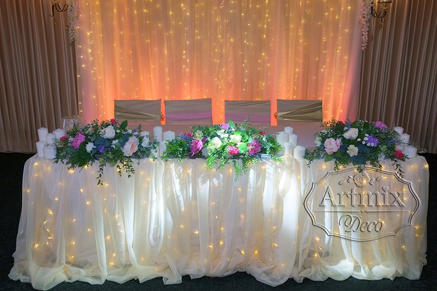 3 цветочных композиций со свечами в оформлении свадебного стола