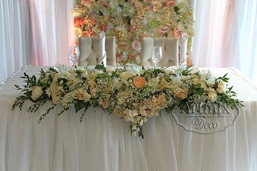 В оформлении свадебного стола стоит горизонтальная, симметричная цветочная композиция