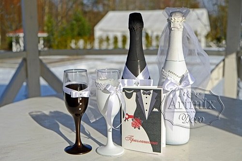 Новая коллекция "Жених и Невеста" бокалы, декупаж для бутылки шампанского и пригласительные в одном стиле и цвете 