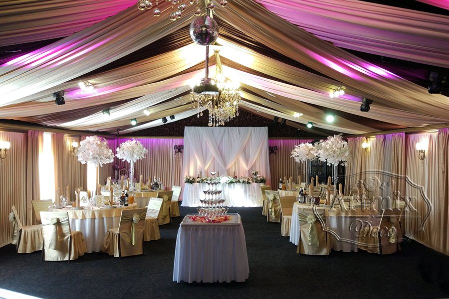Свадебное оформление зала с белыми ветками Гинкго